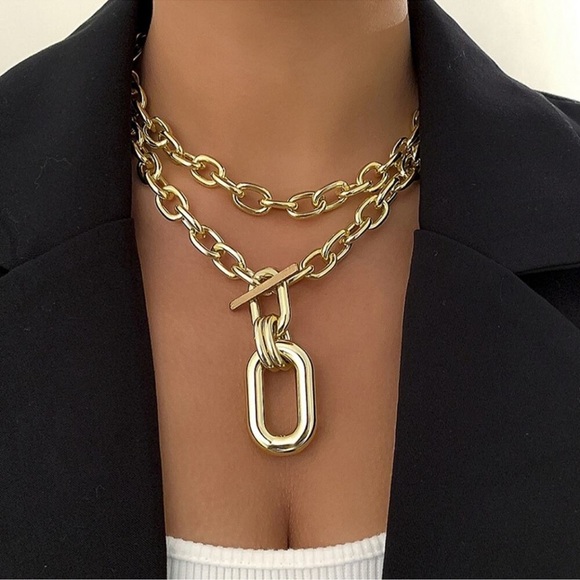 Oversized Gold Chunky Toggle Statement Necklace - Picture 1 of 6
